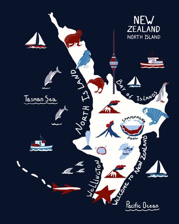 Map of North Island of New Zealand on blue background. New Zealand nature landmarks, animals. Travel postcard, poster concept designのイラスト素材