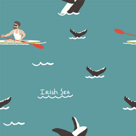 Whales, waves cartoon illustrations. Sea life kid textile, wrapping paper, backgroundのイラスト素材