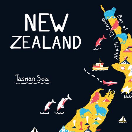Map on blue background. New Zealand nature landmarks, animals. Travel postcard, poster concept designのイラスト素材