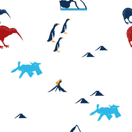 Flat hand drawn seamless pattern with animals of New Zealand as kiwi, penguins, volcanoes, lakes. Kid textile, wrapping paper, backgroundのイラスト素材
