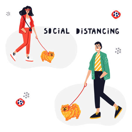 People walking a dog alone keeping social distance. Spitz dog. Cute hand drawn illustration.のイラスト素材