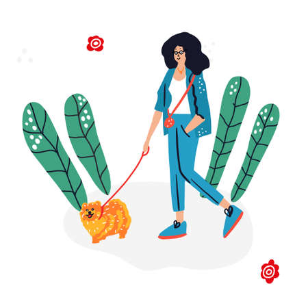 Woman walking Spitz dog. Cute hand drawn illustrationのイラスト素材