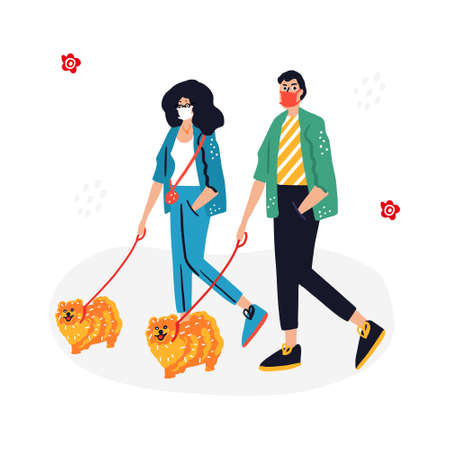 People walking dogs using protective masks. Spitz dogs. illustration.のイラスト素材