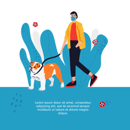 Man in mask walking dog keeping social distance. Cute hand drawn illustration. Personal dog walker.のイラスト素材