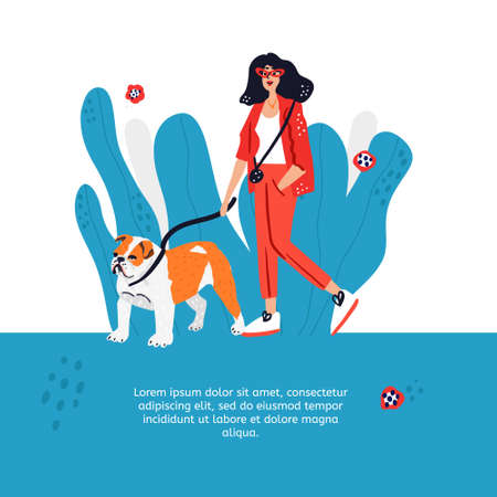 Woman walking dog. Cute hand drawn illustration.のイラスト素材