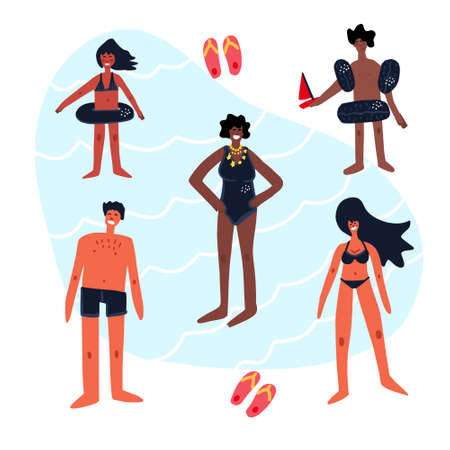 People standing in the sea. Flat hand drawn illustration of family.のイラスト素材