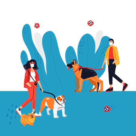 Man and woman walking dogs alone keeping social distance. Cute hand drawn illustration.のイラスト素材