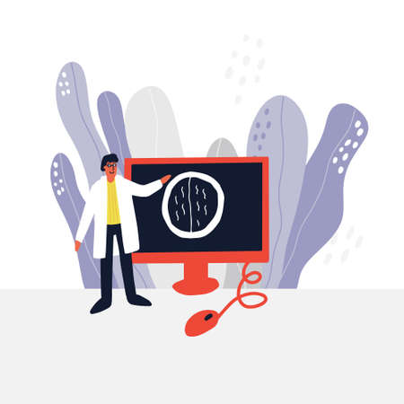 Doctors watching CT scan results. Hand drawn vector medical illustration.のイラスト素材