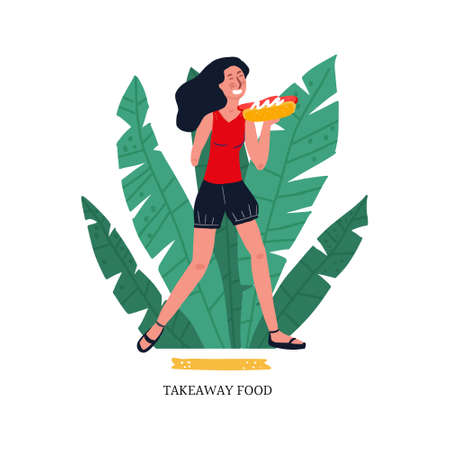 Hand drawn illustration of woman with big hot dog. Food to go concept templateのイラスト素材