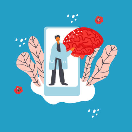 Healthcare brain online diagnosis vector illustration. Cartoon hand drawn designのイラスト素材