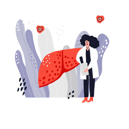 Doctor treats liver. Cartoon hand drawn design. Medical illustration.のイラスト素材