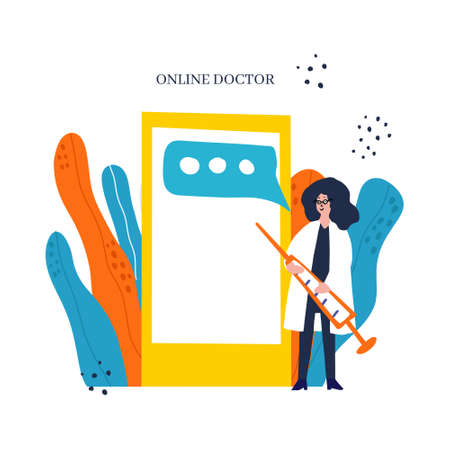 Online doctor standing in leaves and mobile phoneのイラスト素材