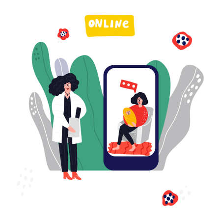 Online doctor talking with young mother with children.のイラスト素材