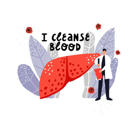 I cleanse blood. Hand drawn illustration of liver and doctor in leaves.のイラスト素材