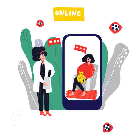 Veterinarian consultation online app concept. Cartoon hand drawn woman making notes.のイラスト素材