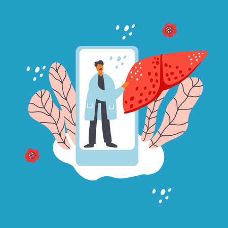 Healthcare liver online diagnosis vector illustration. Cartoon hand drawn design.のイラスト素材