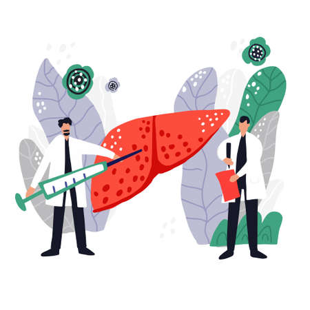 Two doctors treat liver. Cartoon hand drawn design. Medical illustration.のイラスト素材