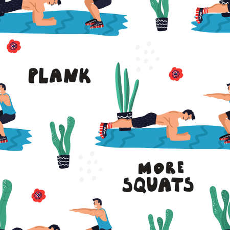 Active lifestyle and fitness training. Modern flat cartoon style. Men training at home vector illustrationのイラスト素材