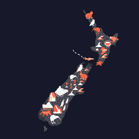 Map on blue background. New Zealand nature landmarks, animals. Travel postcard, poster concept designのイラスト素材