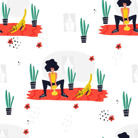 Woman doing plie dumbbell squat at home. Active lifestyle and fitness training. Seamless vector patternのイラスト素材