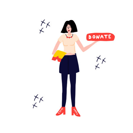 Young woman is holding clothes and the word donate.のイラスト素材