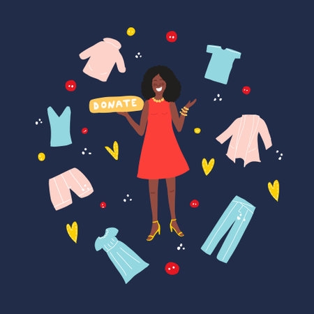Hand drawn African American woman is holding the word donate.のイラスト素材