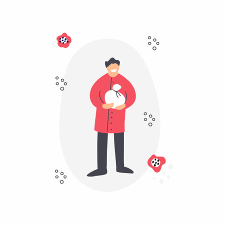 cheese factory concept. Man holding mozzarella. Website, banner or poster templateのイラスト素材