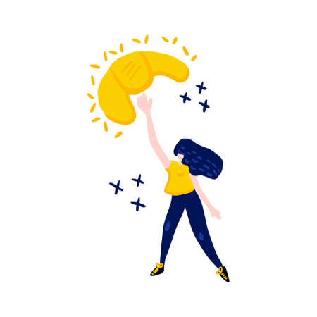 Woman jumping for a donut. Vector illustration.のイラスト素材