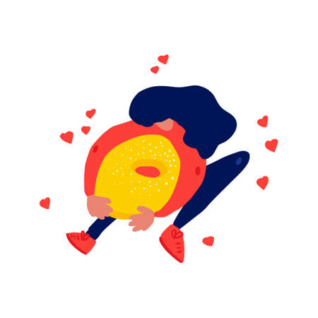 woman il love with a donut. Vector illustrationのイラスト素材