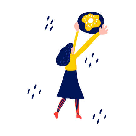 woman jumping for a donut. Vector illustrationのイラスト素材