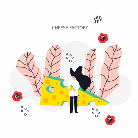 cheese factory concept. Woman holding cheese. Website, banner or poster templateのイラスト素材