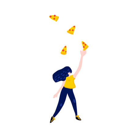 Woman jumping for a slices of pizza.のイラスト素材