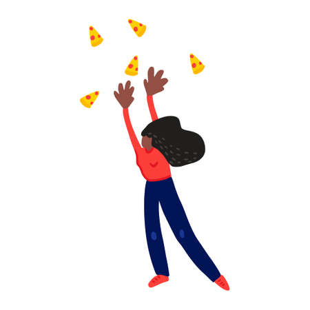 Woman jumping for a slices of pizza. Vector illustrationのイラスト素材