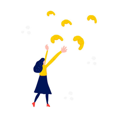Woman jumping for a croissants. Vector illustrationのイラスト素材