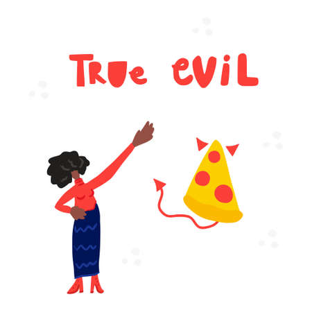 African American woman and slice of pizza. Vector illustrationのイラスト素材