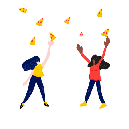 Women jumping for a slices of pizza. Vector illustrationのイラスト素材