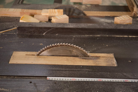 Close up shot of a saw blade in the carpenter workshop