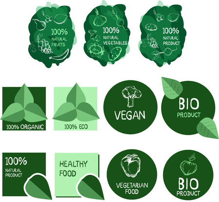 Vector logo set. Healthy food. Vegetarian food. Vegan. Bio product. Eco product. Hand drawn fruits and vegetables. Health care.のイラスト素材