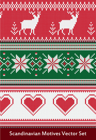 Seamless vector pattern set in red, green and white colors. Seamless pattern in scandinavian style. Knitted norwegian ornaments. Scandinavian motives vector set.のイラスト素材