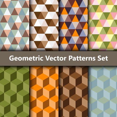Seamless patterns set of diamonds, squares, triangles and cubes. Geometric colorful pattern with cold, pastel and warm colors.のイラスト素材