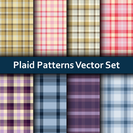Vector set of seamless tartan patterns. Plaid pattern set with colorful beige, violet, pink and blue stripes.のイラスト素材