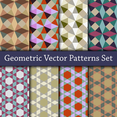 Seamless patterns set of diamonds, squares, triangles and cubes. Geometric colorful pattern with cold, pastel and warm colors.のイラスト素材