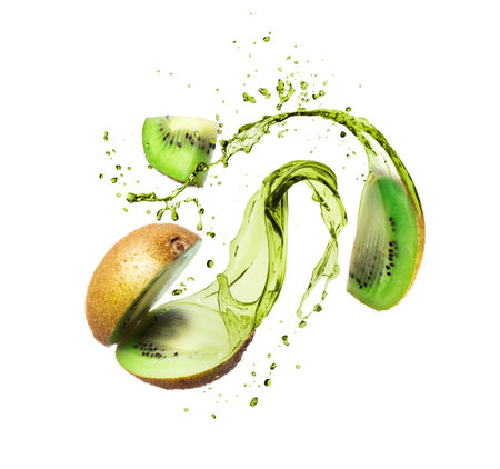 Whole and sliced kiwi with splashes of juice, isolated on a white backgroundの写真素材