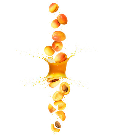 Whole and chopped fresh apricots are falling down through splashes of juiceの写真素材