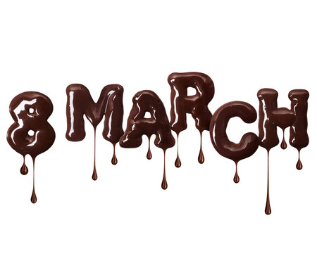 Inscription March 8 with dripping drops made of chocolate letters, isolated on white backgroundの写真素材