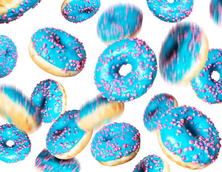Blue donuts in a chaotic position in the air, isolated on a white backgroundの写真素材