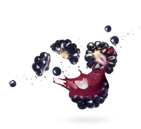 Blackberry torn to pieces with splashes of juice on a white backgroundの写真素材