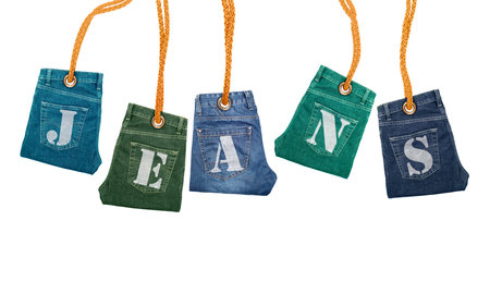 Folded jeans as labels. Conceptual photoの写真素材