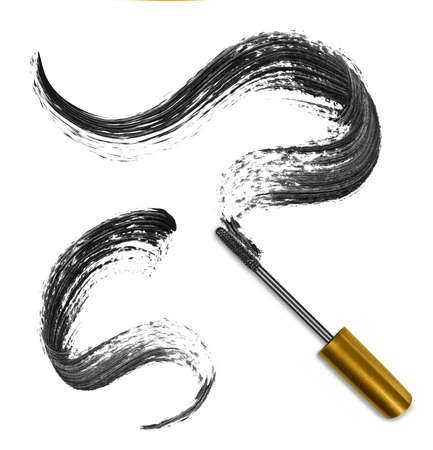 Strokes of black mascara with applicator brush close-up, isolated on white backgroundの写真素材