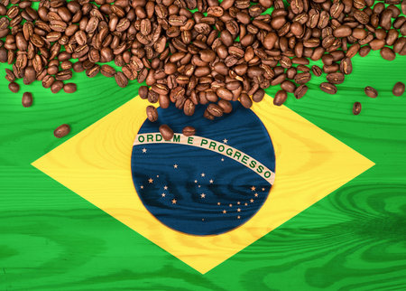 Brazil flag on wooden background and coffee beansの写真素材